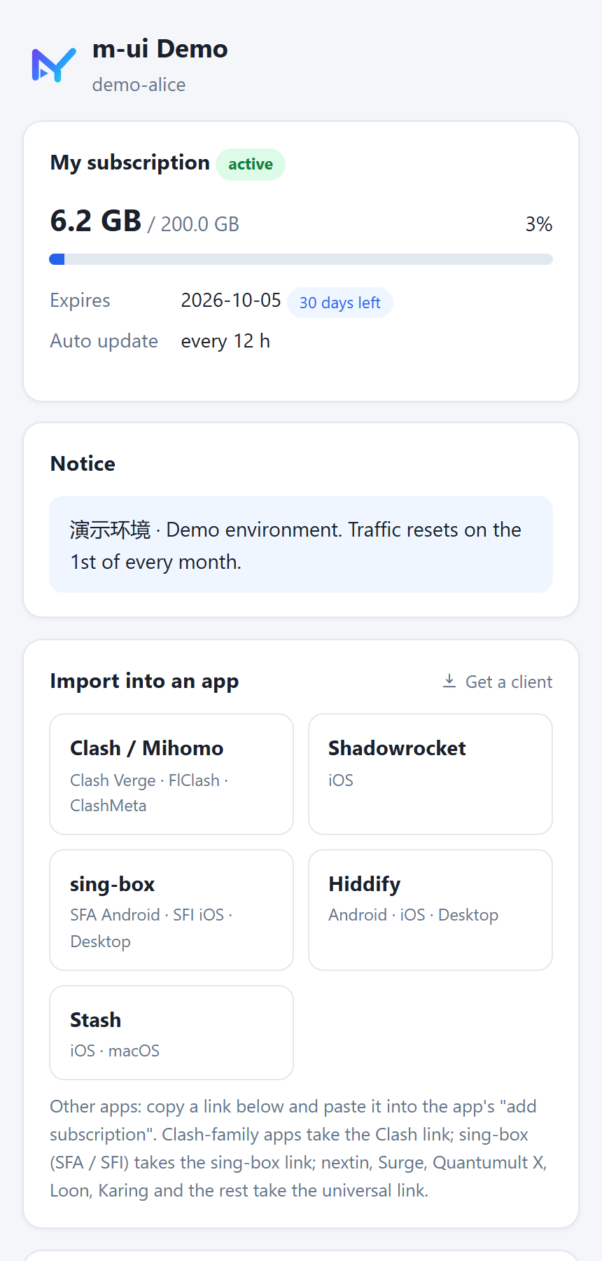 Subscription landing page on a phone: usage, expiry, one-tap import