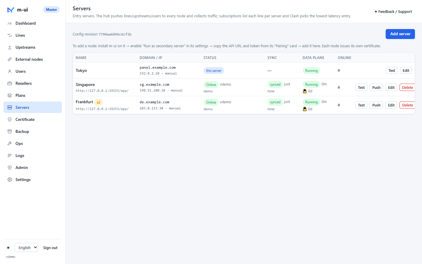 Servers page: one master and two nodes, both online and synced
